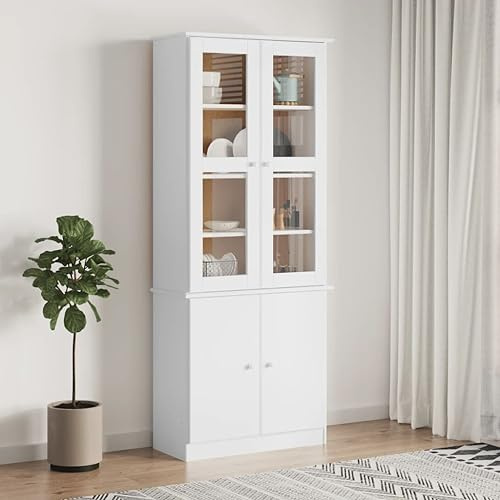 Ordellia Alta Armoire vitrine, blanche, 77 x 35 x 186,5 cm, en pin massif, avec portes en verre, espace de rangement pour cuisine et salon, durable et facile d'entretien