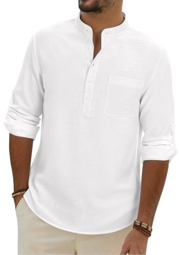 Alimens & Gentle Mens White Linen Shirts Henley Non Iron Fashion Long Sleeve Casual Summer Button Down Top with Pocket L
