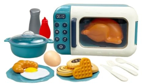 JISADER 17Pcs Kids Pretend Play Microwave Toys Play Food Sets Cookwares Toy for 3 Year Old Up, Blue