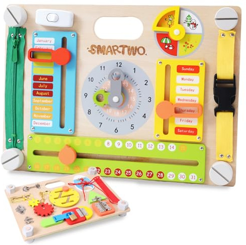 Smartwo Toddlers Montessori Toy, Large Wooden Busy Board Double-Sided | Sensory Board, Car Travel Activities for Kids 3 4 5 Years Old, Fine Motor Skills, Fidget Toys for Autism, Early Learning Game