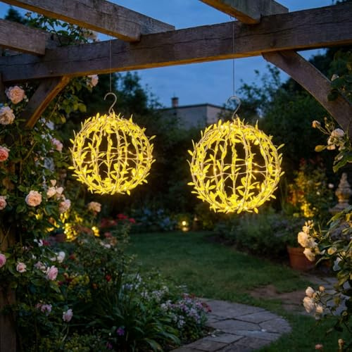 ideoon 2er Set Solar Leuchtkugel im Blätterdesign - Ø20cm Gartenkugel mit 72 Warmweißen LEDs - IP44 Außenleuchte inkl. Erdspieß, S-Haken und Solarpanel