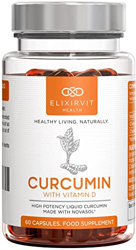 Elixirvit Liquid Curcumin with Vitamin D – 185x More Bioavailable Than Typical Turmeric/Curcumin Supplements – Advanced Turmeric Extract with NovaSOL – 60 High Strength Capsules