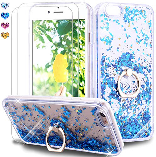 Feyten iPhone 6S/ iPhone 6 Hülle mit Displayschutz [2 Stück], Glitzer Flüssig Treibsand Fließend Glitter Quicksand Schutzhülle Handyhülle mit Ring 360 Grad Ständer (Blau)