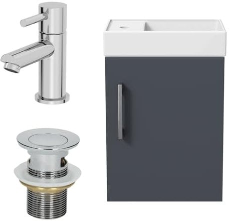 AURORA® 400mm Bathroom Vanity Unit Ceramic Wash Sink Wall Hung Storage Cabinet Reversible Soft Close Cupboard & Malmo Basin Mixer Tap & Waste Set, Grey Gloss
