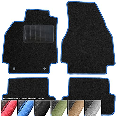 moto-MOLTICO Fußmatten Auto - Velours Autoteppiche passend für Dacia Lodgy (2012-2022) - 3-teiliges Set - Schwarze Automatten mit Blauen Ziernähten