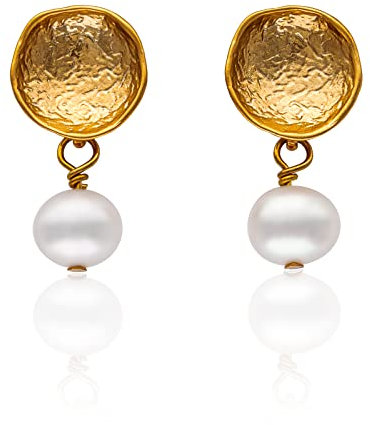 Tamii - Perlen-Ohrringe matt gold, Ohr-Stecker mit Süßwasserperle, schlichte runde Form, Handmade Perlenschmuck, Damen Schmuck, Geschenk für Sie