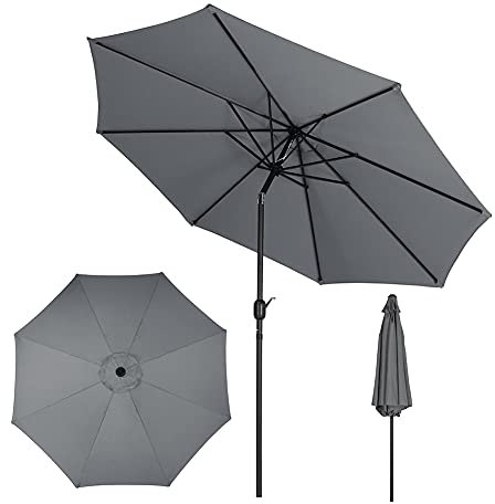 The Fellie 3M Aluminium Garden Parasol, Patio Garden Umbrella with Crank Handle, Outdoor Sun Shade for Beach, Pool, Patio, Dark Light
