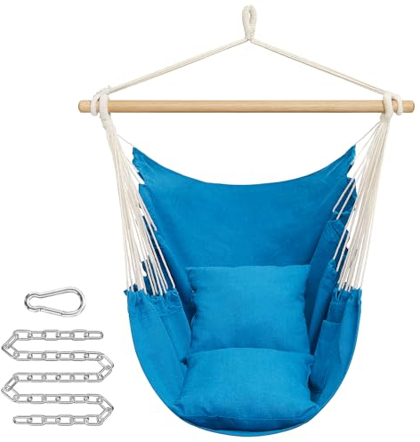 SONGMICS Hängesessel, Hängeschaukel, Hängestuhl mit 2 Kissen, Metallkette, bis 150 kg belastbar, Indoor und Outdoor, Wohnzimmer, Schlafzimmer, meerblau GDC187Q01