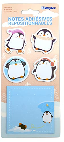 WAYTEX 931666 Haftnotizen, wiederverwendbar, Motiv: niedliche Tiere, auf Ständer, 4 Mini-Blöcke in Pinguin-Form und 1 quadratischer Block 8 x 8 cm, Pinguin, 100 Stück