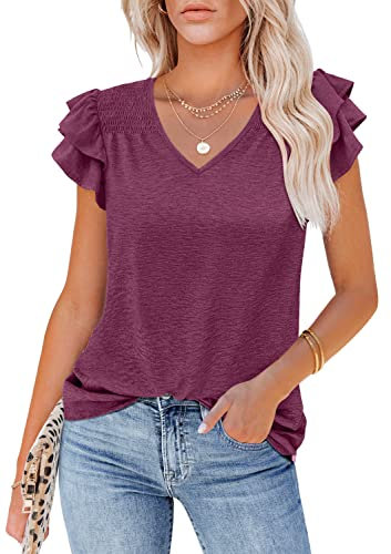 MIHOLL Women's Summer Top V Neck Ruffle Short Sleeve Casual Loose Tee T-Shirts, Purple, Medium