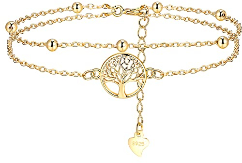 Lydreewam Lebensbaum Armband für Damen 925 Sterling Silber Baum des Lebens Doppel Armkette mit Geschenkbox für Geburtstag Muttertag Weihnachten, verstellbar 17+4cm (Gold)
