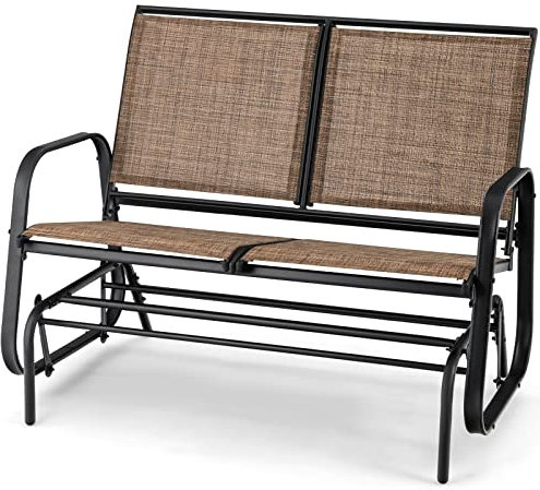 COSTWAY 2-Person Outdoor Glider Bench, Patio Double Swing Gliding Chair Loveseat, Steel Frame Fabric Garden Relax Rocking Chair for Balcony, Porch, Backyard and Poolside (Flat Pipe Armrests, Brown)