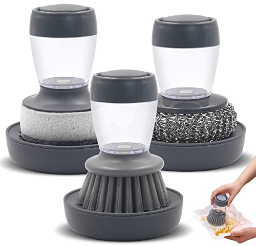 cersaty 3 Pcs Brosse à Vaisselle Set, Brosse avec Reservoir Liquide Vaisselle, Amovibles Brosse Vaisselle Cuisine pour Ustensiles de Cuisine, Bols, Casseroles, Cuisinières