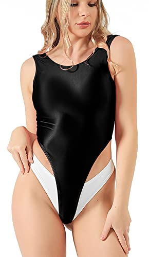 SOFSOT Damen High Cut Tanga Aerobic Gymnastikanzug Glänzend Einteiler Badeanzug, Schwarz, XX-Large