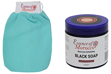 Gant exfoliant marocain Kessa bleu avec huile d'olive d'eucalyptus naturelle, savon noir exfoliant pour spa 200 g