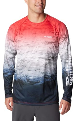 Columbia Men's Super Terminal Tackle Long Sleeve Shirt, Red Spark Deepsea Fade, Medium