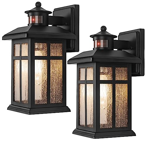 Motion Sensor Outdoor Wall Lights 2 Packs- Updated Dusk to Dawn Outdoor Lighting, Exterior Light Fixtures with E26 Sockets & Tempered Glass, Wall Mounted Black Waterproof Outdoor Lights for House