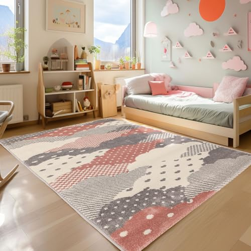 SIMPEX KinderTeppich, Wolken Design, Teppich Rosa, 140 x 200 cm, Teppich für Kinder, Teppich Kinderzimmer