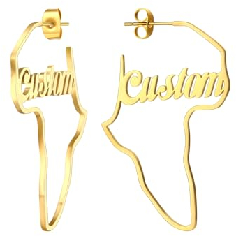 MeMeDIY Personalisierte Edelstahl Afrika Karte Form Ohrring Hoop Ohrring Innen mit Namen Vergoldet Optional Größe Charme Mode Design Schmuck Geschenk für Frauen (A2)