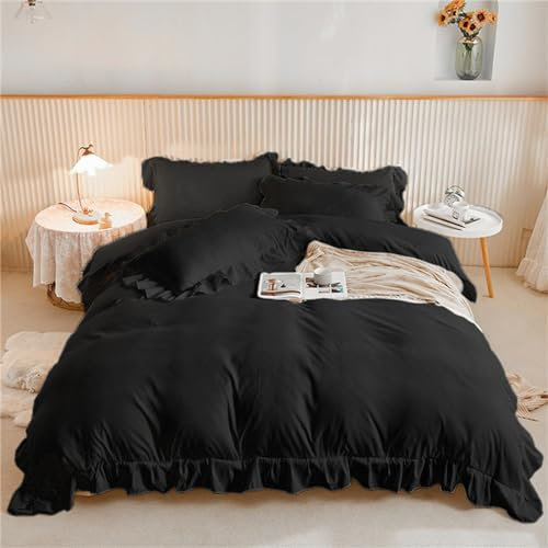 Black Ruffle Frills Bedding Set Duvet Cover Set,Soft Microfiber,Zipper Closure and 2 Pillowcases,Double 200x200 cm