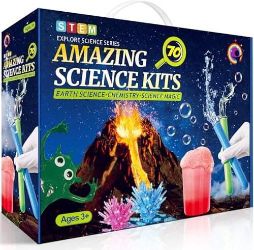 Montejoy 70 Experimente für Kinder ab 4-6-8-10-12, Wissenschaft Experimente Kit STEM Spielzeug, Geschenke für Jungen Mädchen, Chemie Set, Kristalle Züchten, Hüpfball, Vulkan