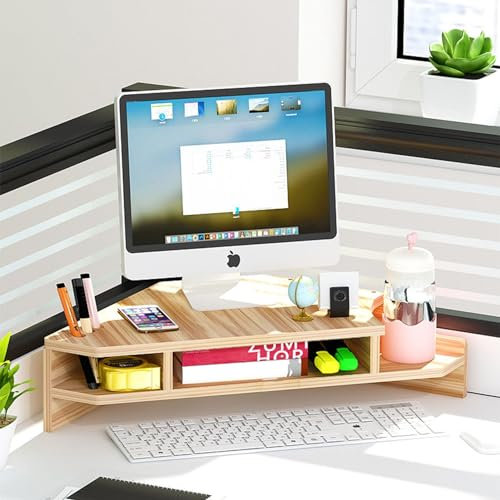 Eck Monitorständer Schreibtisch-Eckmonitorerhöhung mit Stauraum, 2-stufiger Dreieckiger Bildschirmständer mit Stiftschlitz und Getränkehalter, Organizer für Schreibtischbedarf am Arbeitsplatz im Büro