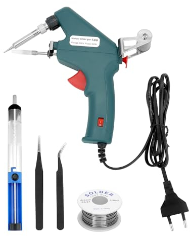 QWORK® Set saldatore a stagno, Pistola saldante da 60W con filo saldante Ø1mm, pompa dissaldante e 2 pinzetta, Riscaldamento rapido, Alimentazione automatica dello stagno