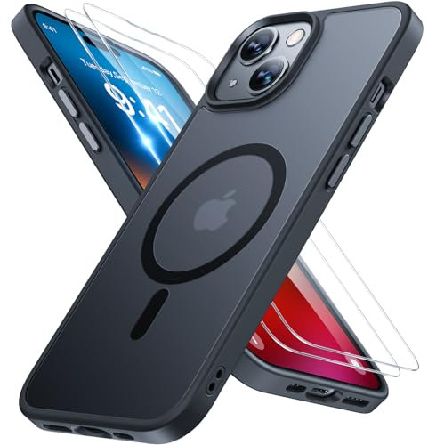 Miracase Magnetic for iPhone 15 Plus Case 6.7 inch (Compatible with MagSafe)(with 2X Screen Protectors) Military-Grade Protection, Anti-Fingerprint Translucent Matte Phone Cover, Black