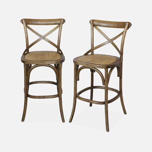 Alice's Garden sweeek - Lot de 2 tabourets de Bar bistrot Vintage en Bois Marron Vieilli avec Repose-Pieds