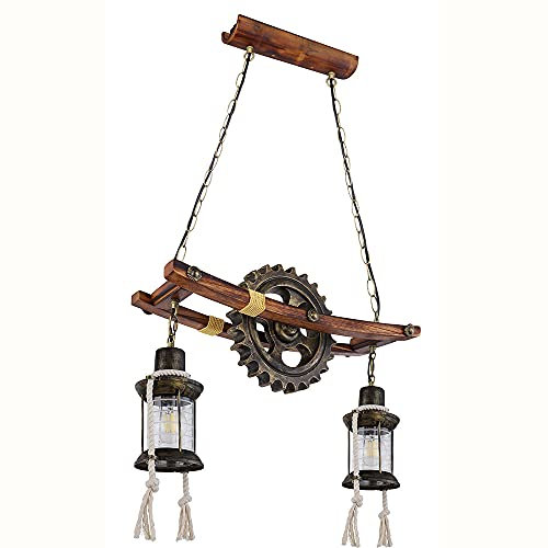 Steampunk Lampe Hängeleuchte Vintage Industrial Pendelleuchte Holz Metall, Laternen Zahnrad, Glas, messing, 2x E27, LxBxH 62x20x110 cm