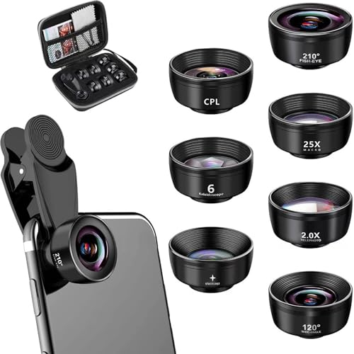 Kit d'Objectif Smartphone 7 en 1, Oobjectifs pour Téléphones, Objectif Grand Angle, Objectif Macro, Objectif Fisheye, CPL, Filtre Starlight, Téléobjectif, Kaléidoscope, Compatibilité Universelle