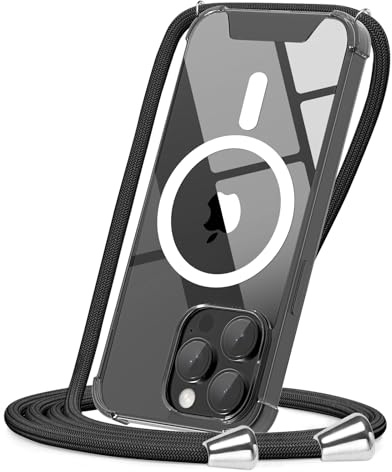 CAROKI Crossbody Lanyard Case for iPhone 13 Pro Max Magnetic Case Compatible with MagSafe, Transparent Slim PC + TPU Silicone Protective Shockproof Bumper Cover -Black