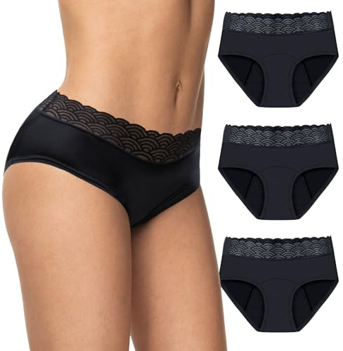 Feel Natural - Pack 3 Culottes Menstruelles - Sous-Vêtement Femme - Culotte de Règle Lavable Anti-Fuite - Confort Hygiénique, Protection Absorbante - Flux Moyens - Dentelle - Noir - Taille XS