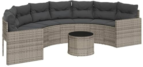 vidaXL Gartensofa mit Tisch und Kissen Halbrund Grau Poly Rattan