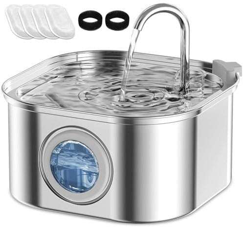 AQXONG 3.2L Fontaine à Eau pour Animaux de Compagnie en Acier Inoxydable, Fontaine à Eau pour Chat Ultra Silencieuse avec Lumière LED, 4Pcs Filtre à Charbon + 2Pcs Éponges (Type de carré, 3.2L)