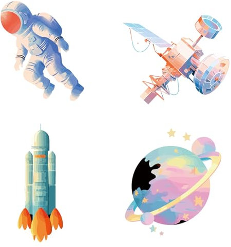 GORGECRAFT 4 Stück 16cm Große Fensteraufkleber Mit Astronauten Planeten Raketen Sonnensystem Fensteraufkleber Entfernbar Antikollisionsalarm Glasaufkleber Für Vögel Party Schlafzimmer Kinderzimmer Woh