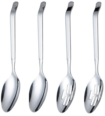 Stainless Steel Buffet Serving Spoons Set - Large, 10.9inch Long Handle Slotted Spoons for Parties (4)