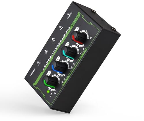 Btuty Amplificador de auriculares mono/estéreo de 4 canales, 7 luces RGB, mini auriculares, divisor con fuente de alimentación (DC 12 V 6,35 mm entrada/salida) para clubes pequeños, bares, mezcladores