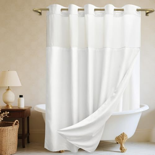 WONICY Rideau de douche extra long sans crochet avec doublure à clipser, rideau de douche texturé en lin avec fenêtre supérieure transparente, hydrofuge et lavable, style hôtel, blanc, 180 x 218 cm (l