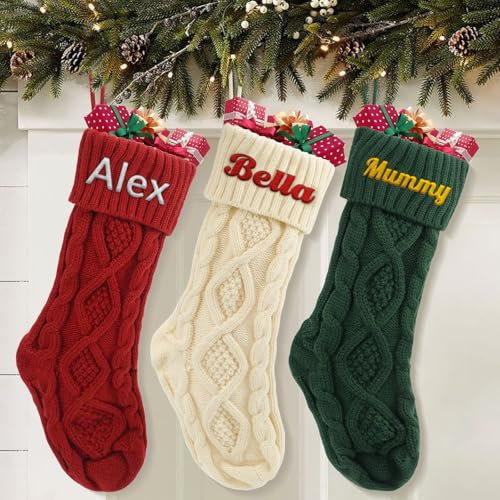 JONZIN Weihnachtsstrumpf Personalisiert, Weihnachtssocken Zum Aufhängen, 18 große gestrickte Weihnachtsstrümpfe mit Namen, Nikolausstrumpf für den Kamin, Weihnachtsfeier-Dekoration (1, Socke)