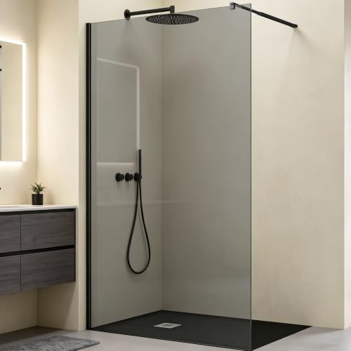 Mai & Mai Box Doccia Walk-In 120x200cm, Parete Doccia in Vetro 10mm Braccio di Sostegno 70-120cm MMBR3 Vetro di Sicurezza ESG con Rivestimento Nano Nero Bremen02VG
