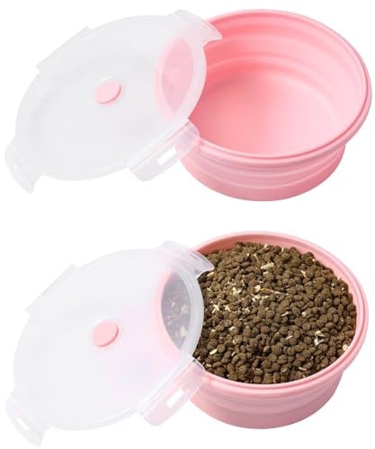 Joyinjojo Collapsible Dog Bowls with Lids, 2 Pack Portable Travel Dog Bowls for Small Medium Large Dogs, Silicone Foldable Outdoor Dog Cat Food Water Bowls for Camping Hiking Road Trip, Pink 40 oz