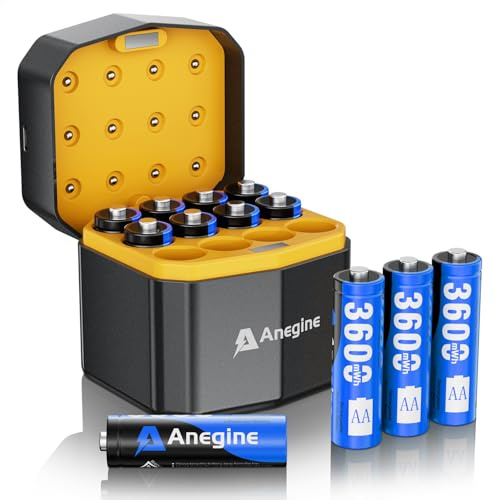 Anegine Lithium Batterie AA Akkus Wiederaufladbar mit Ladegerät 3600mWh 1,5V Aufladbare Blink Batterien AA Lithium Batterie Ladezyklen bis zu 2000+ (12er-Pack)