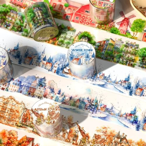 CGLRybO Washi Tape Vintage Stadt Gebäude Washi Sticker Stadt Landschaft PET Tape 4 Rollen Nordic Town Dekoratives Klebeband Wasserfeste Aufkleber DIY für Bastelarbeiten, Scrapbook Zubehör