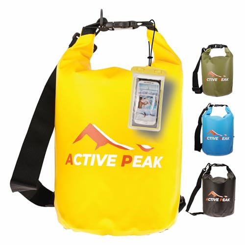 Active Peak® Dry Bag wasserdicht Rolltop Packsack 2 L–20 L mit Schultergurt & Handyhülle, Schwimmfähige Outdoor Tasche für Kajak, Boot, Strand, SUP, Wandern, Camping (Tropengelb, 20 Liter)