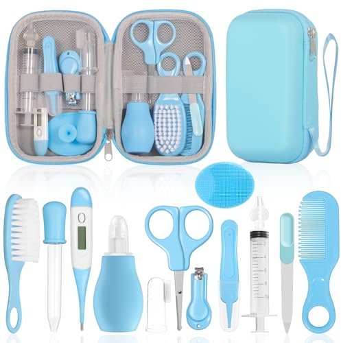 GLOSKIN Trousse de Soin Bebe Naissance,Ensemble de 13 Pièces,Kit Soin Bebe,Équipé de Set Manucure Bebe,de Peignes et D'autres Ensembles de Soins de Sécurité pour Bébé,Baby Daily Care Essentials (Bleu)
