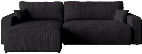 BROMARKT Sofa mit Schlaffunktion Couch L Cordstoff Sofa Bettkasten Schlafsofa für Wohnzimmer freistehend PUMI L Relaxsofa 3 sitzer 274x148x82 cm Schwarz