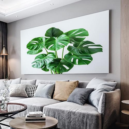 MKBKLI Wandbilder Dekoration Wohnzimmer Grüne Pflanze Monstera Blätter Bilder auf Leinwand 50x100cm Leinwandbild Schlafzimmer Küche Deko Wand Kunstdruck Art Groß XXL Wanddeko Bild Wall Decor Canvas