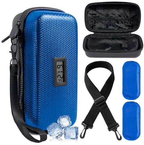 24h Insulin Cooler Travel Case - TSA Approved Medication Diabetic Cooler for Travel with Thermometer Temperature Display Refrigerated Medicine Organizer Bag with 2 Ice Pack Blue