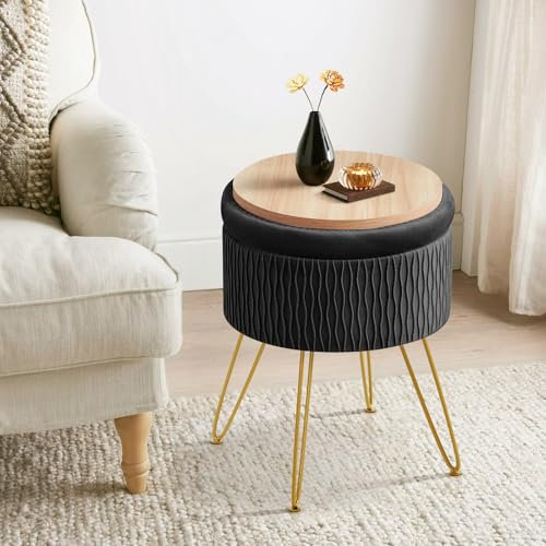 Ckaff Runder Sitzhocker mit Stauraum, Hocker Schminktisch mit Stauraum, Schminkhocker Samt Fußhocker Ottoman Gepolsterter Hocker Abnehmbarer Bezug Metallstütze für Wohnzimmer Schlafzimmer, Schwarz
